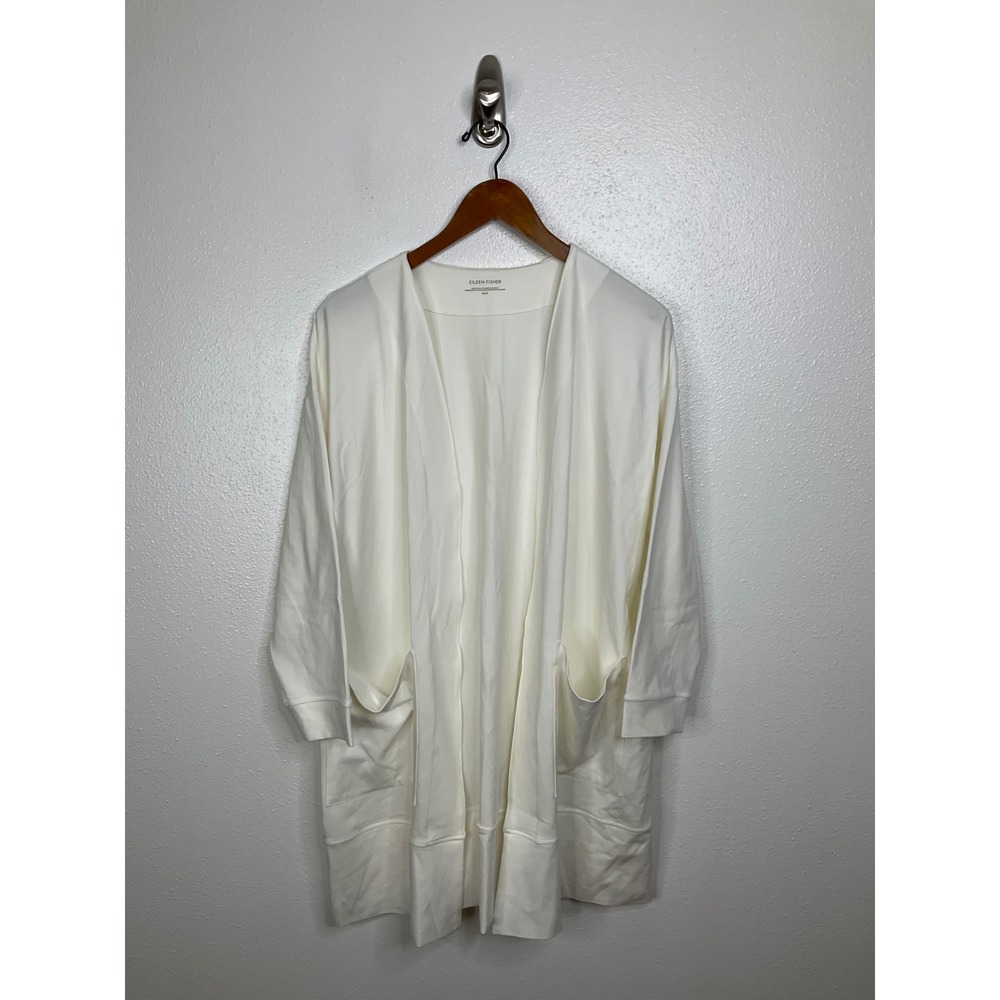 Eileen Fisher Womens‎ White Cotton Spandex Open Front Pocket Cardigan M S19OJJ